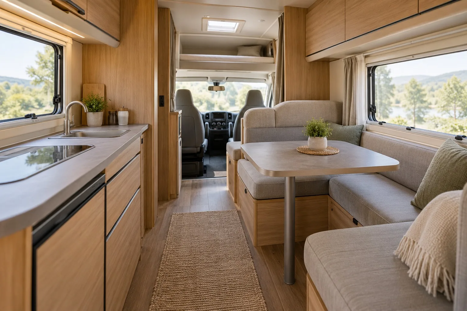 Innenraum eines Wohnmobils mit Sitzgruppe, Küchenbereich und Stauraum